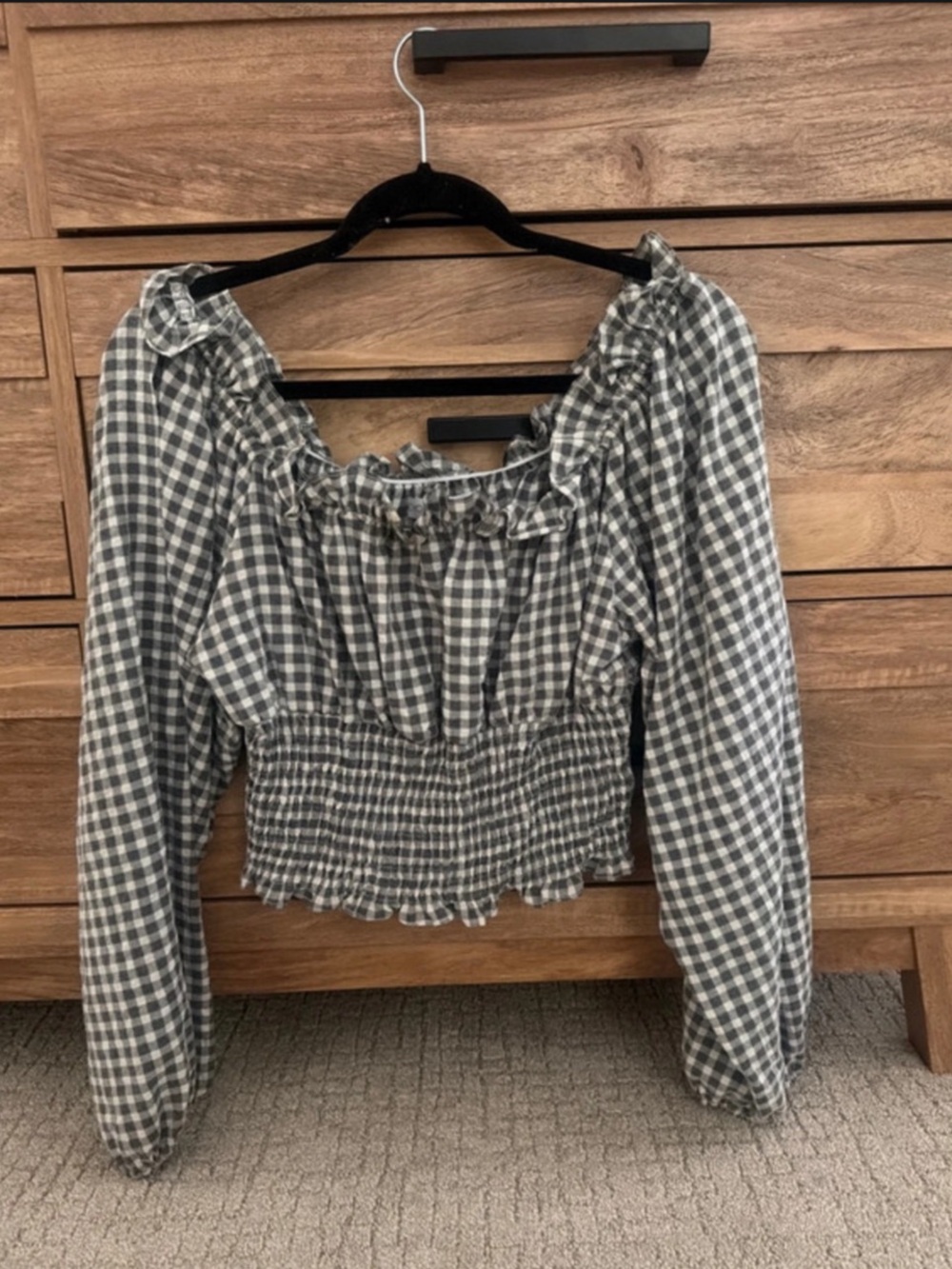 Beyond the Radar Gingham Smocked Puff Sleeve Top Size L
